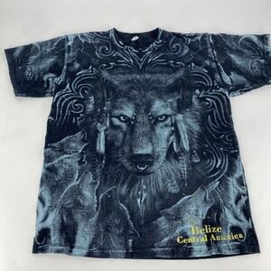 Yazbek Belize Central America Wolf All Over Print Graphic T-Shirt Mens Blue